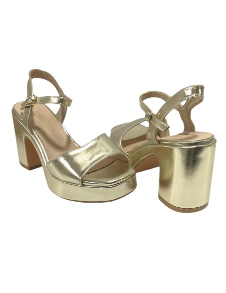 SANDALIA TIRA TACON ANCHO ORO