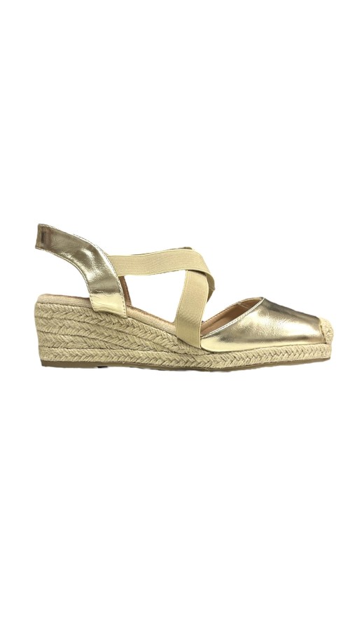 SANDALIA DE CUÑA ELASTICA CRUZADA ORO