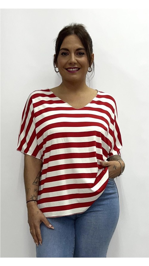 CAMISETA RAYAS CON COLLAR ROJO