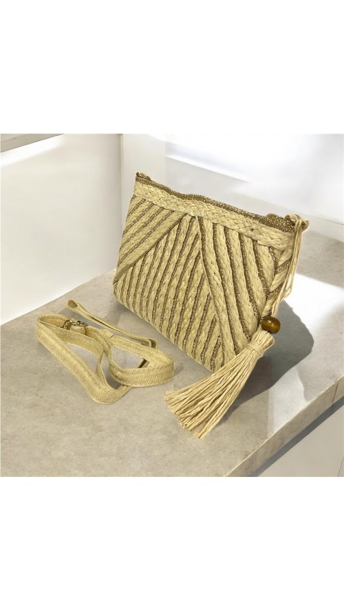 CARTERA RAFIA FILOS DORADOS BEIG