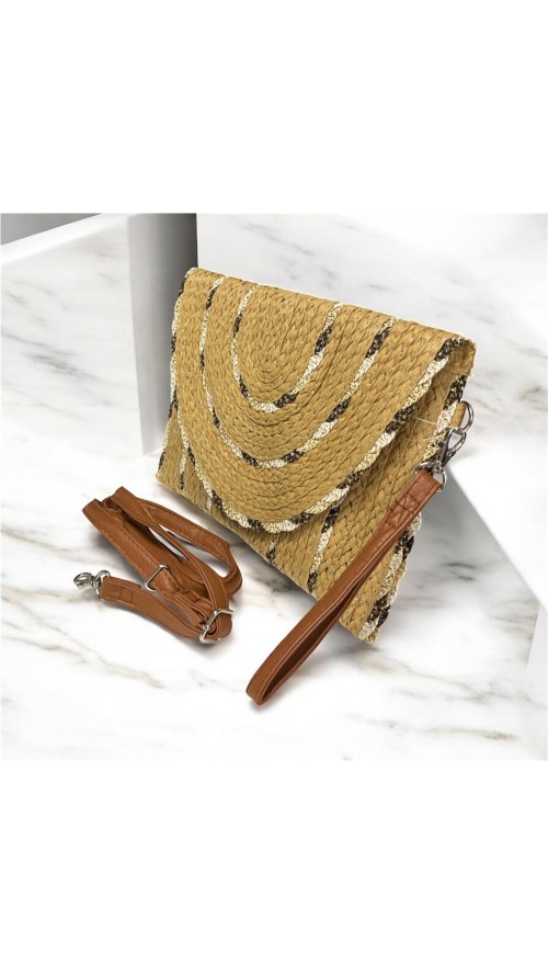 CARTERA RAFIA FILOS BICOLOR CAMEL