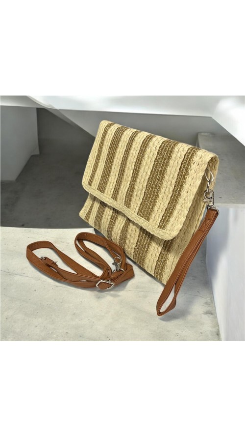 CARTERA RAFIA RAYAS DORADAS BEIG
