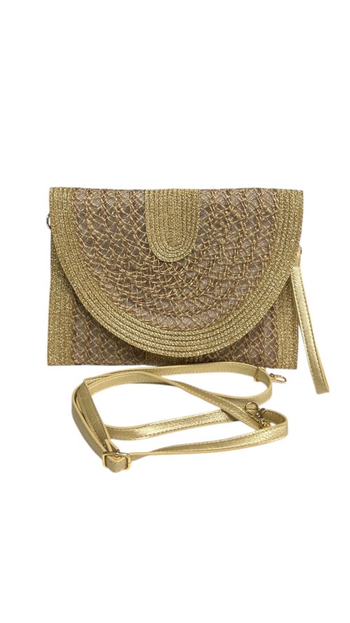 CARTERA RAFIA FILO DORADO CAMEL