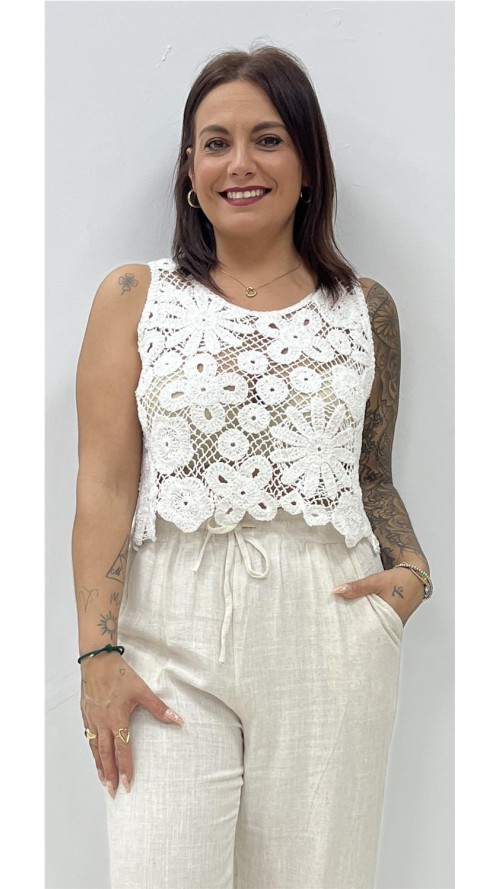 TOP CROCHE FLOR BLANCO