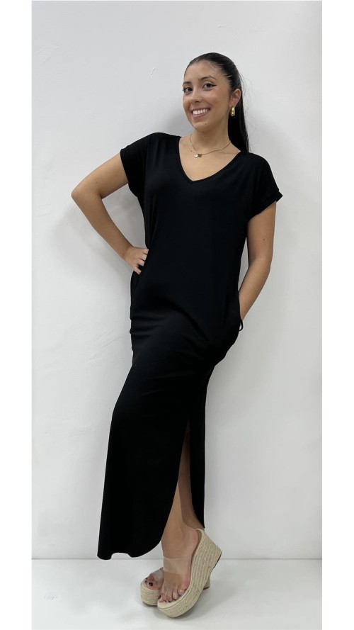 VESTIDO ALGODON CUELLO V NEGRO