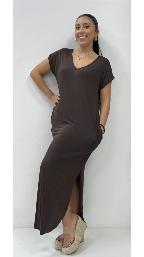 VESTIDO ALGODON CUELLO V MARRON