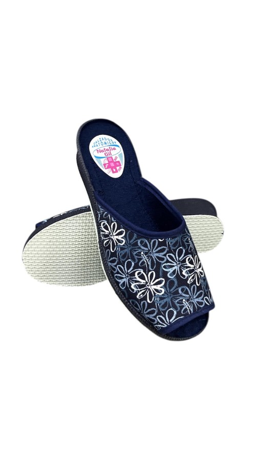 ZAPATILLA CUÑA FLORES MARINO