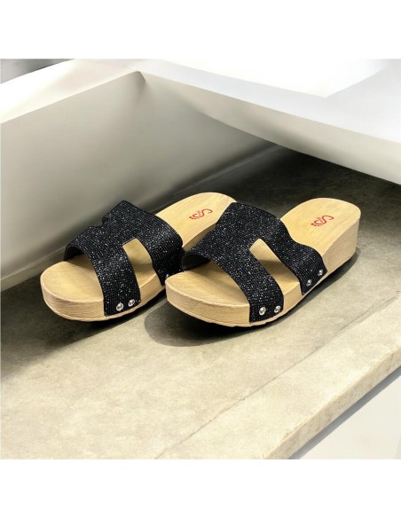 CHANCLA CUÑA PALA BRILLO NEGRO