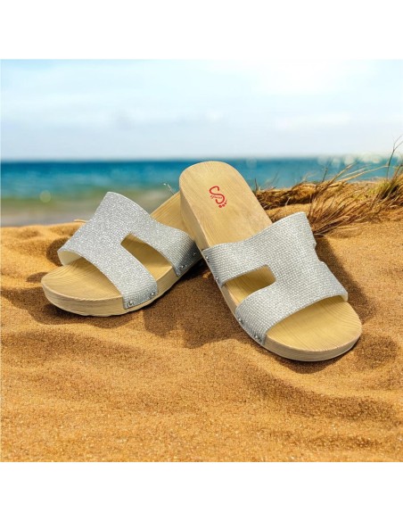 CHANCLA CUÑA PALA BRILLO PLATA