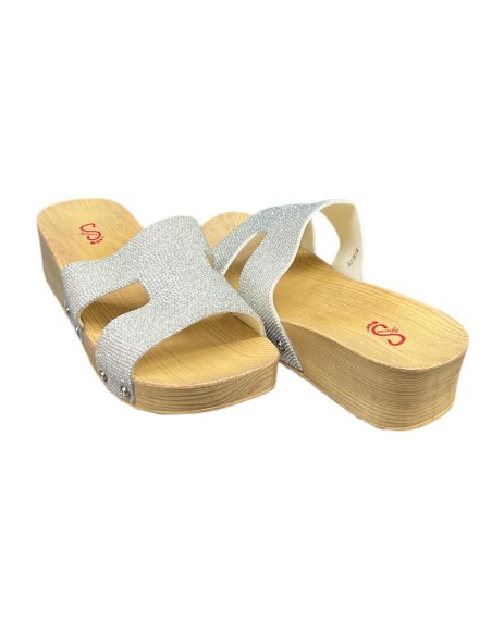 CHANCLA CUÑA PALA BRILLO PLATA