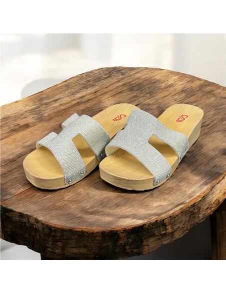 CHANCLA CUÑA PALA BRILLO PLATA