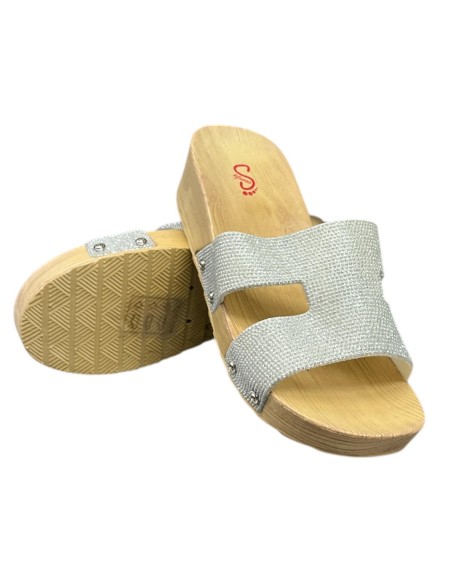 CHANCLA CUÑA PALA BRILLO PLATA