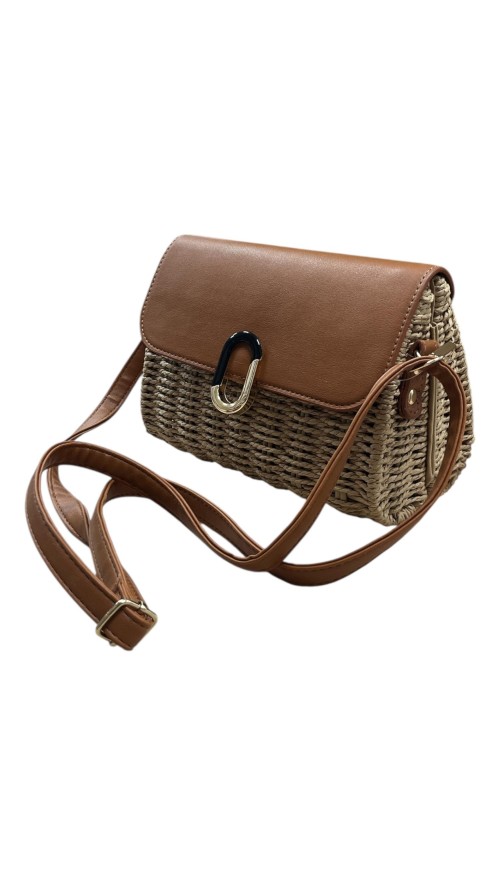 BOLSO RIGIDO RAFIA BROCHE CAMEL