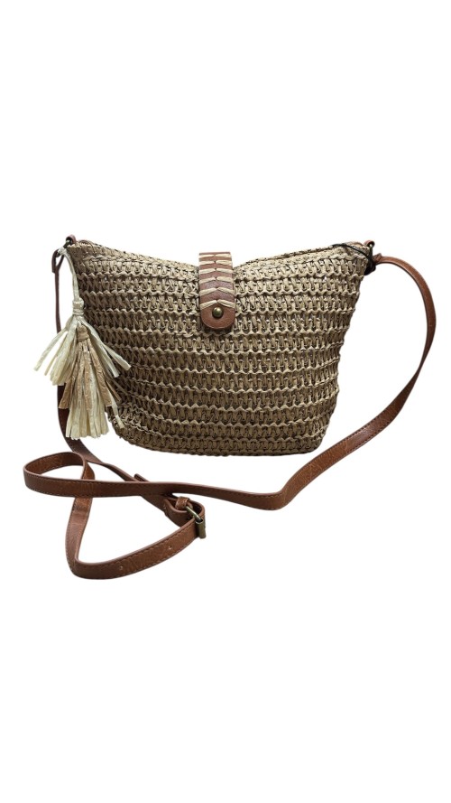 BOLSO RAFIA BROCHE CUERO CAMEL