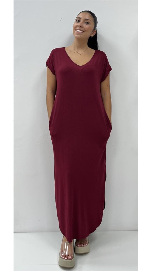 VESTIDO ALGODON CUELLO V BURDEOS