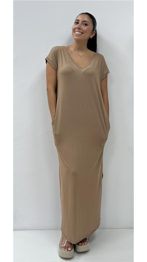VESTIDO ALGODON CUELLO V CAMEL
