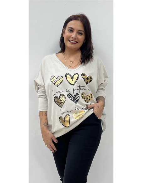 CAMISETA 9 CORAZONES BEIG