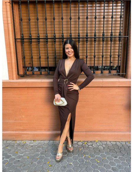 VESTIDO ROSALI MANGAS MARRON