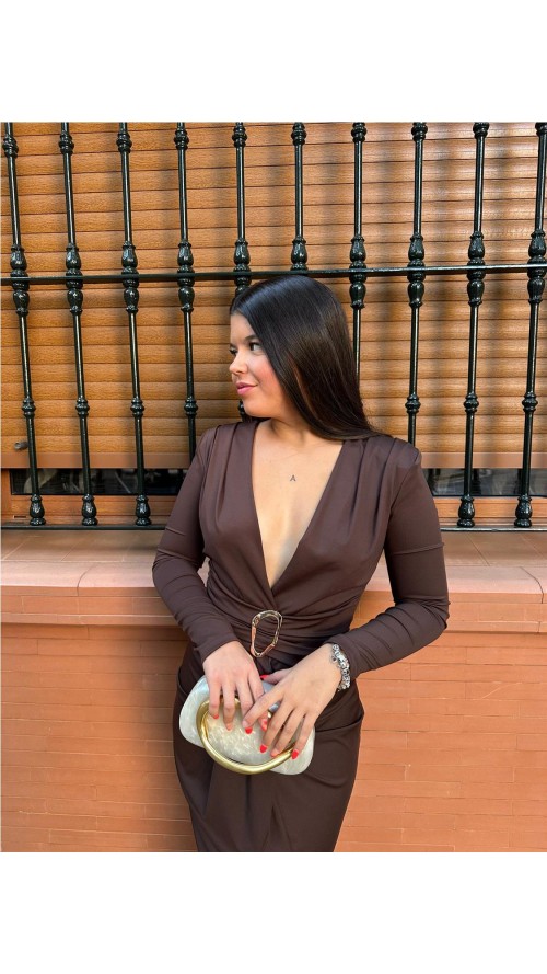 VESTIDO ROSALI MANGAS MARRON