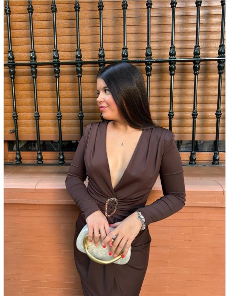 VESTIDO ROSALI MANGAS MARRON