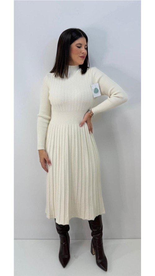 VESTIDO DE ALGODON CUELLO ALTO BEIG