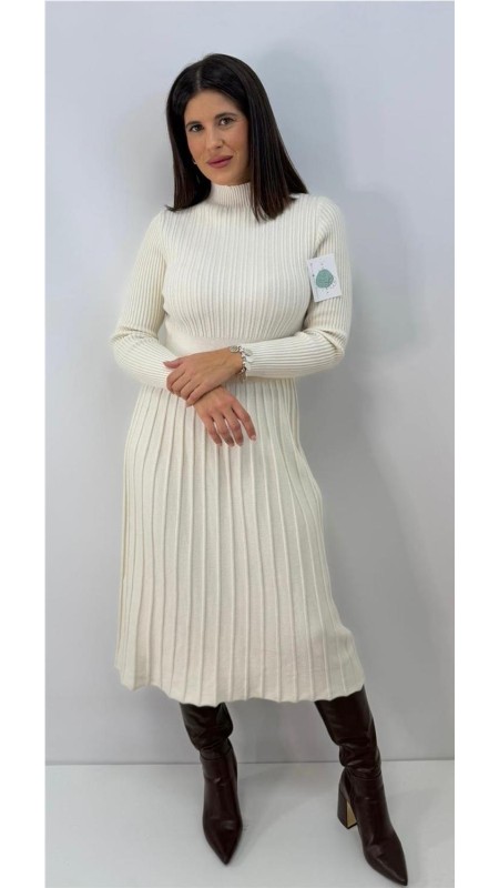 VESTIDO DE ALGODON CUELLO ALTO BEIG 2