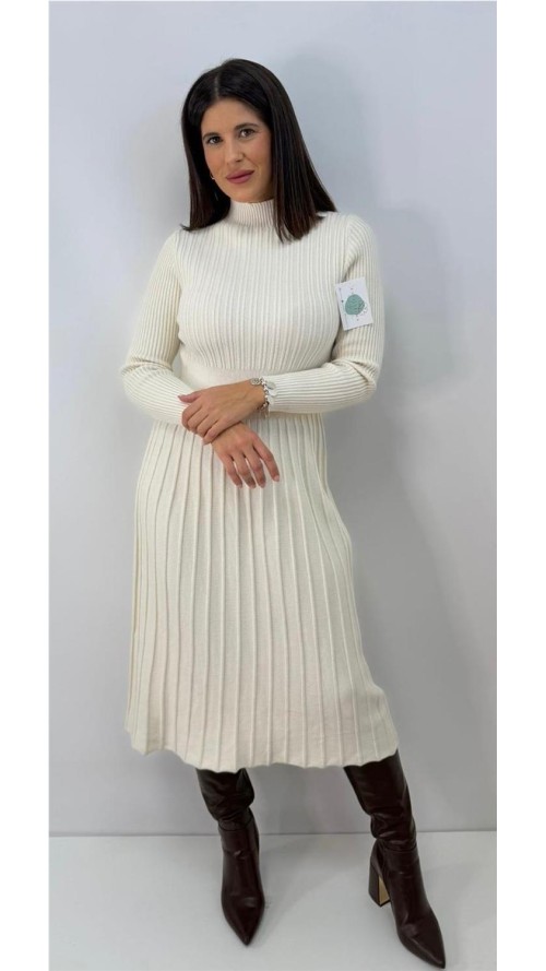 VESTIDO DE ALGODON CUELLO ALTO BEIG