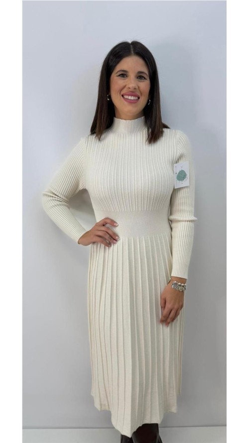 VESTIDO DE ALGODON CUELLO ALTO BEIG