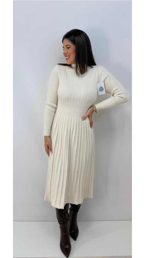 VESTIDO DE ALGODON CUELLO ALTO BEIG