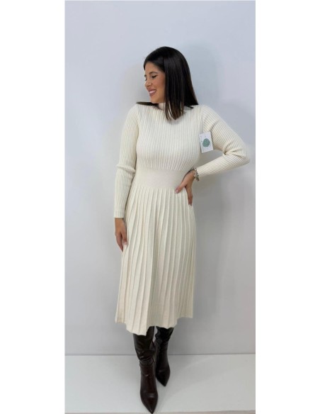 VESTIDO DE ALGODON CUELLO ALTO BEIG