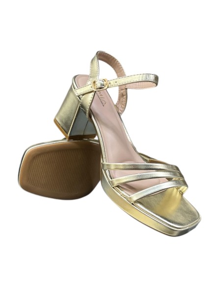 SANDALIA TACON ANCHO TIRAS ORO