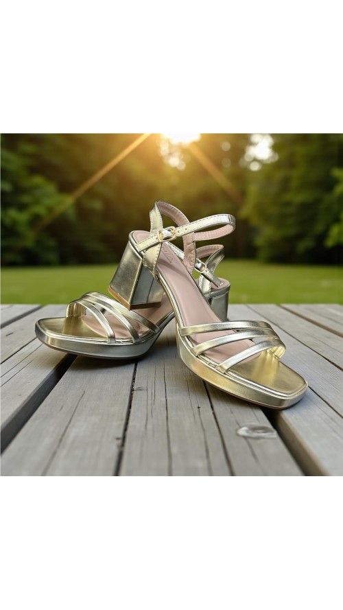 SANDALIA TACON ANCHO TIRAS ORO