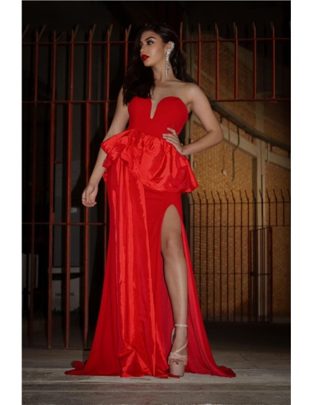 VESTIDO LARGO CON VOLANTE ROJO