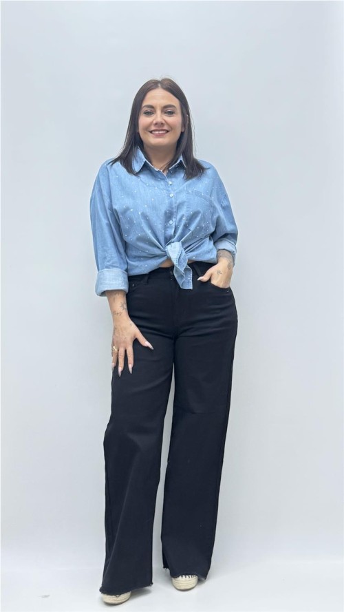 PANTALON PATA ANCHA DESFLECADO NEGRO