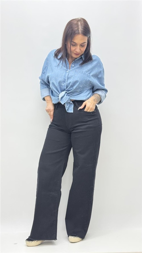 PANTALON PATA ANCHA DESFLECADO NEGRO