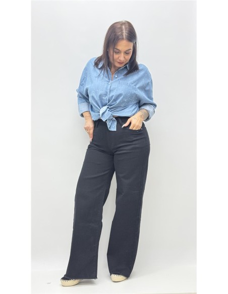 PANTALON PATA ANCHA DESFLECADO NEGRO