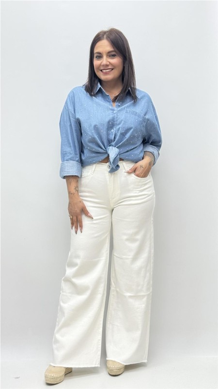 PANTALON PATA ANCHA DESFLECADO BLANCO
