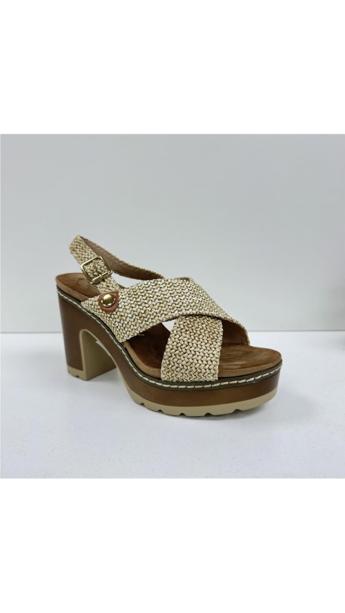 SANDALIA CRUZADA TACON MADERA BEIG