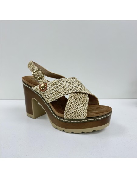 SANDALIA CRUZADA TACON MADERA BEIG