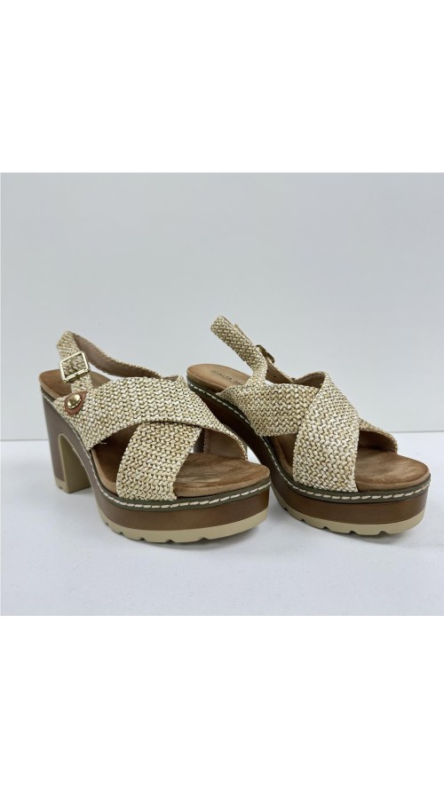SANDALIA CRUZADA TACON MADERA BEIG