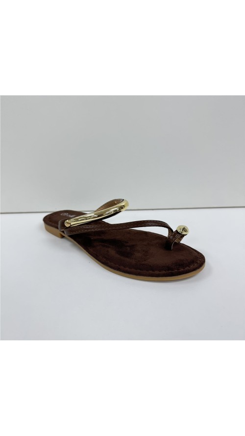 SANDALIA PLANA DETALLES ORO MARRON