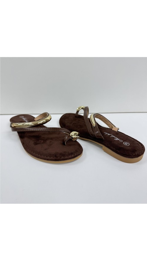 SANDALIA PLANA DETALLES ORO MARRON