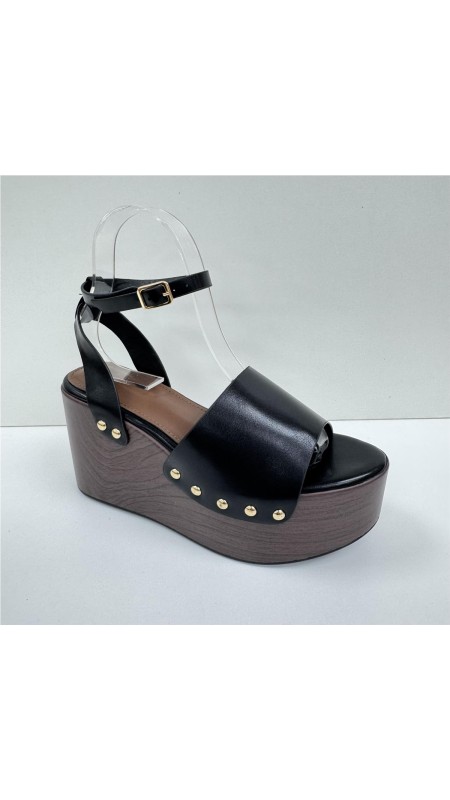 SANDALIA DE CUÑA DE MADERA NEGRO