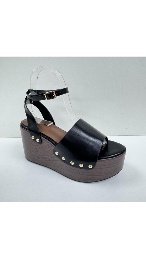 SANDALIA DE CUÑA DE MADERA NEGRO