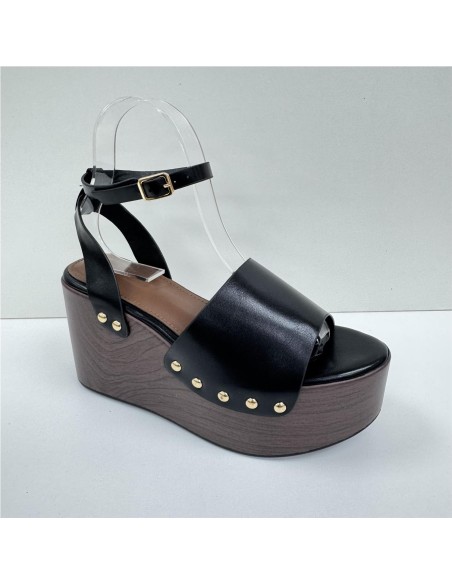 SANDALIA DE CUÑA DE MADERA NEGRO