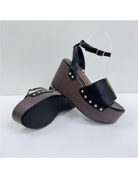 SANDALIA DE CUÑA DE MADERA NEGRO