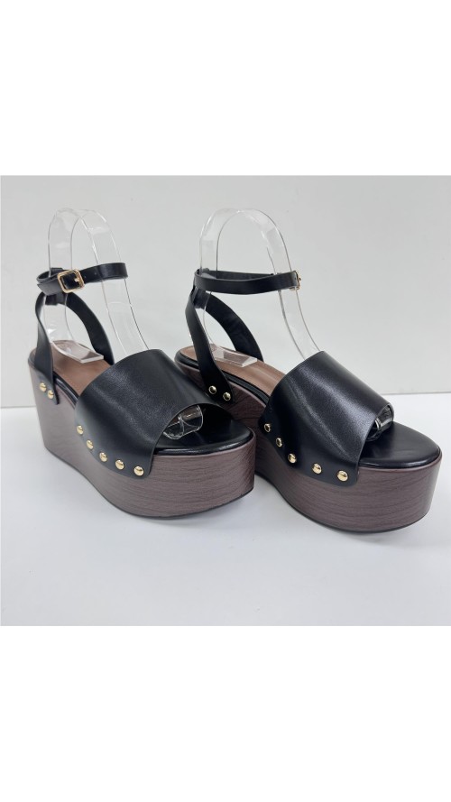 SANDALIA DE CUÑA DE MADERA NEGRO