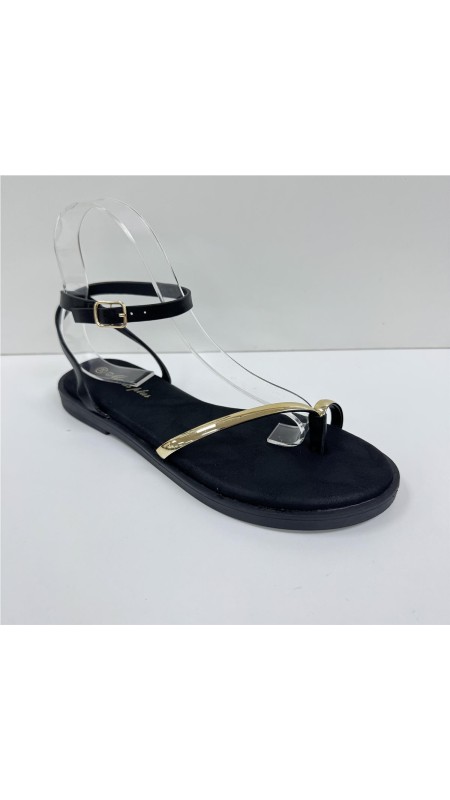 SANDALIA PLANA CON ADORNO ORO NEGRO