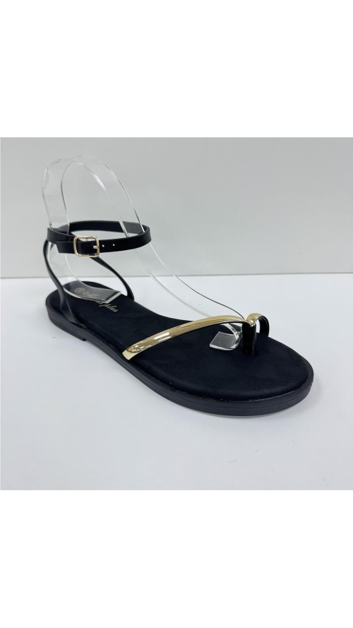 SANDALIA PLANA CON ADORNO ORO NEGRO