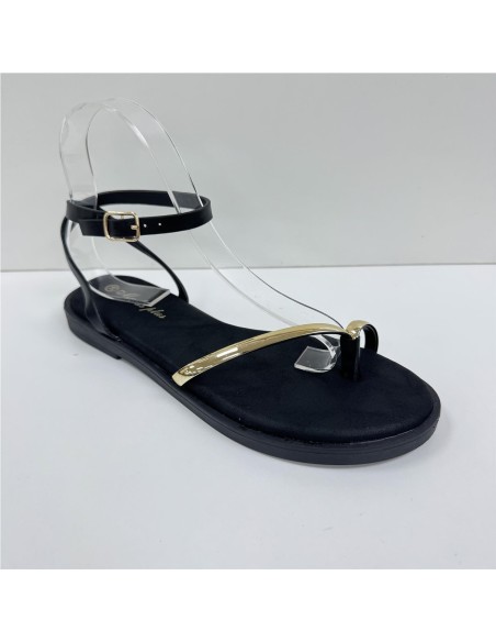 SANDALIA PLANA CON ADORNO ORO NEGRO